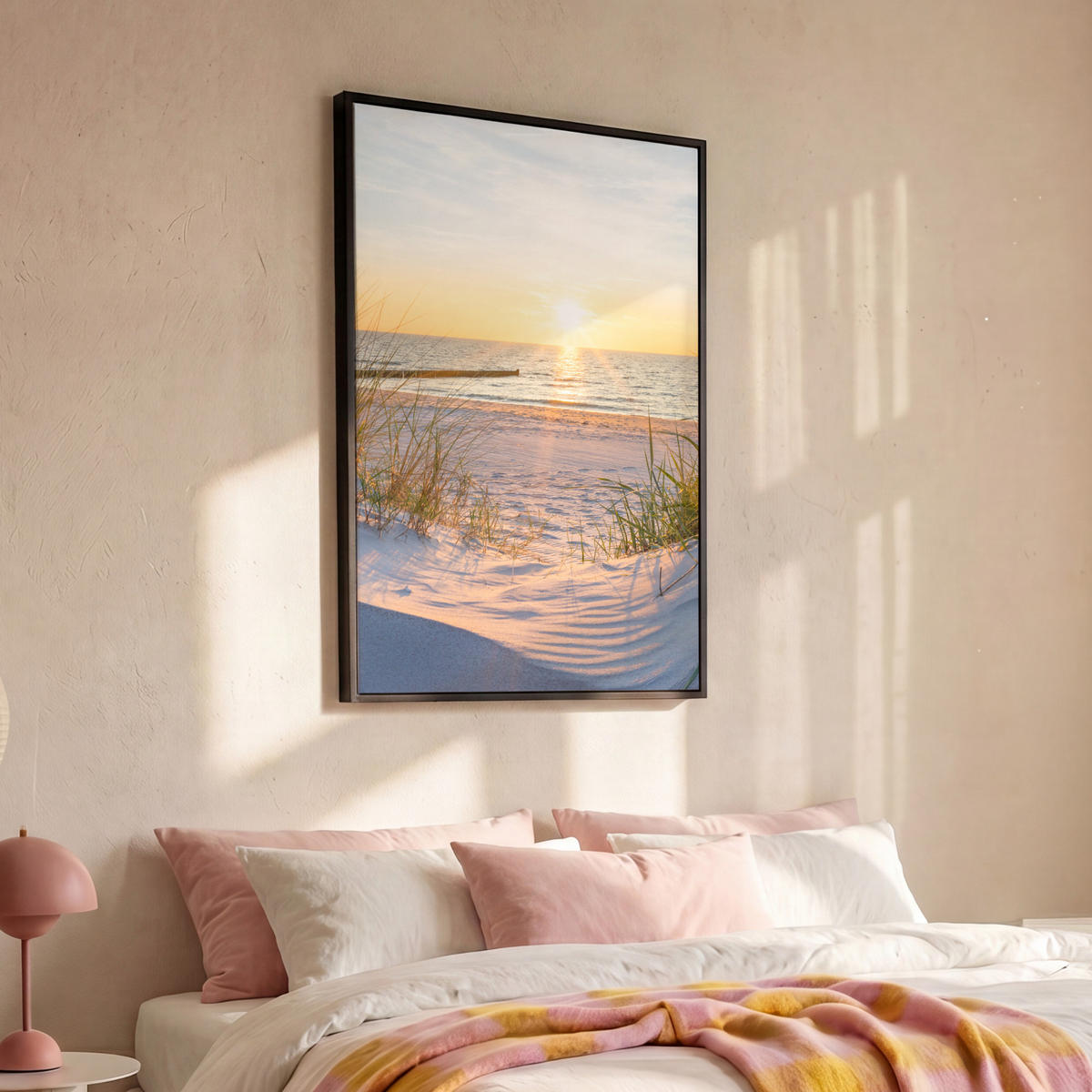 LEINWAND Bilder mit Rahmen - Strand - Sonne - Düne - Gras - Sand - Horizont - 80x120 - Hellblau, Textil (80/120cm) - MuchoWow