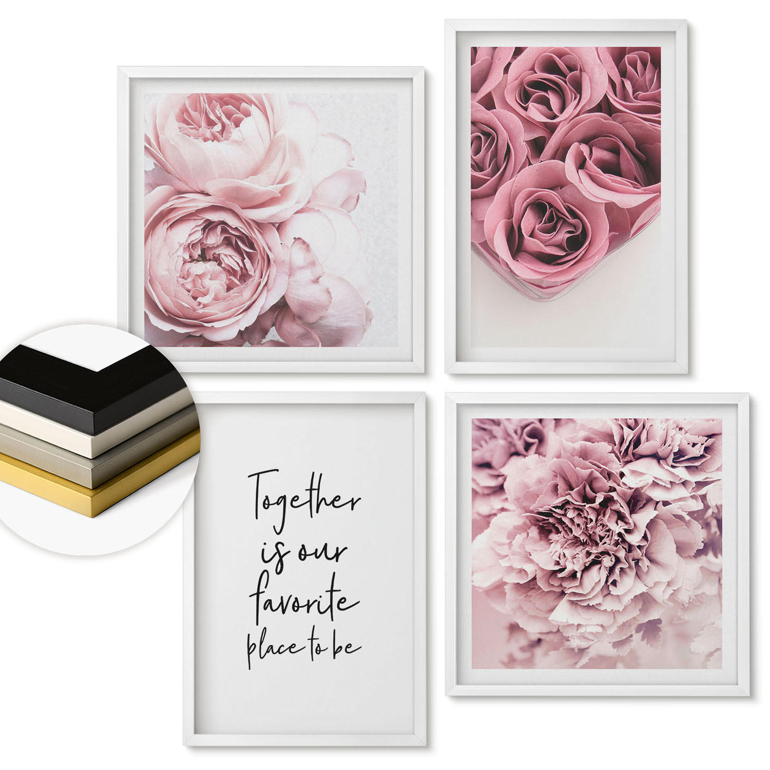 WANDBILDER 4er-Set - 50x50 cm & 40x60 cm Weißer Rahmen - Blumensträuße mit Rosen, Hausinschrift - Weiß, Kunststoff (50/50cm) - ArtPrintCave