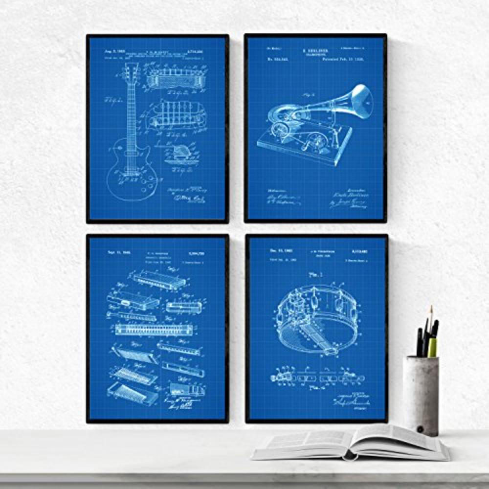 POSTER Set mit 4 Blau Patent für Musikinstrumente A4 Schwarzer Rahmen - Schwarz, Papier (29.7/3cm) - Nacnic