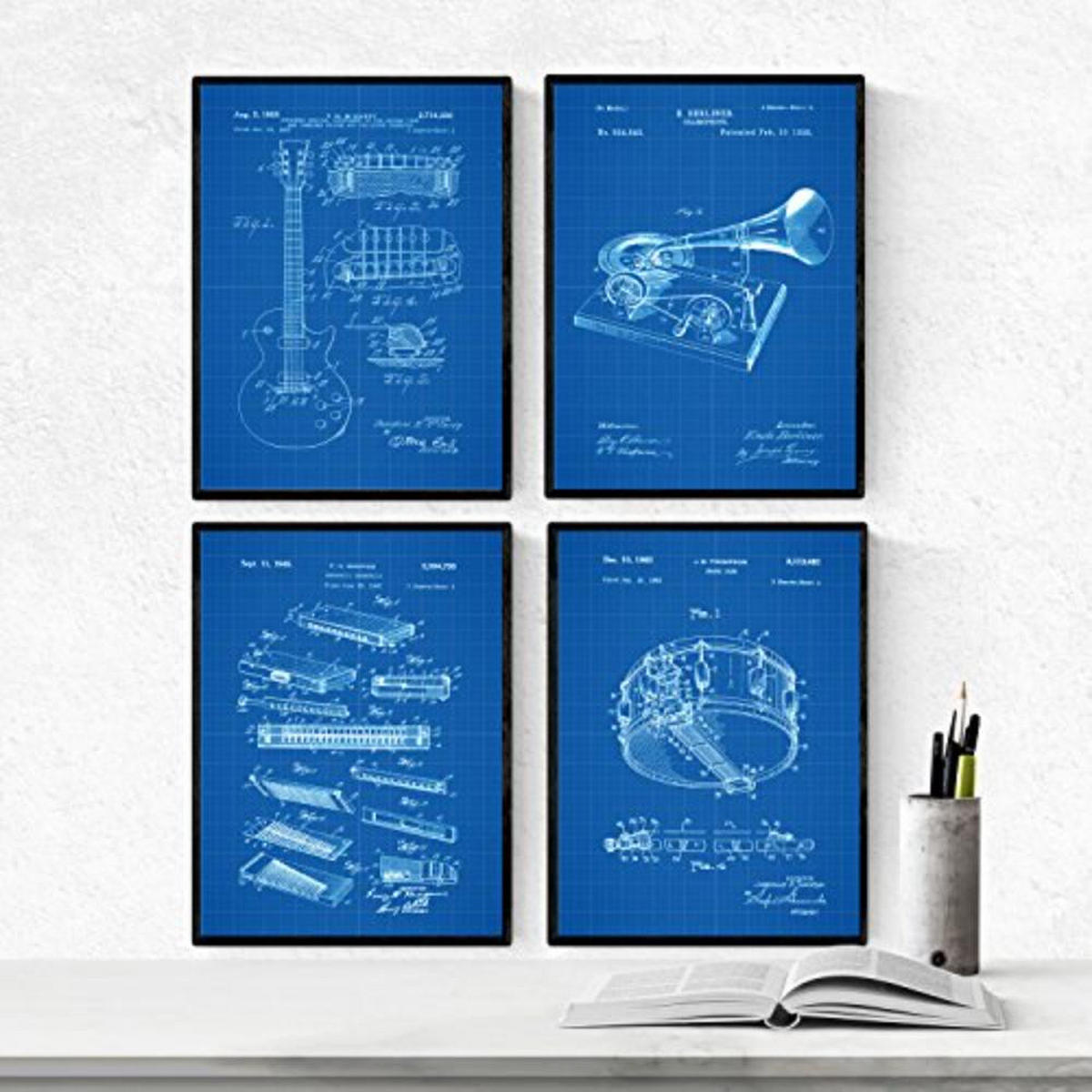 POSTER Set mit 4 Blau Patent für Musikinstrumente A4 Schwarzer Rahmen - Schwarz, Papier (29.7/3cm) - Nacnic
