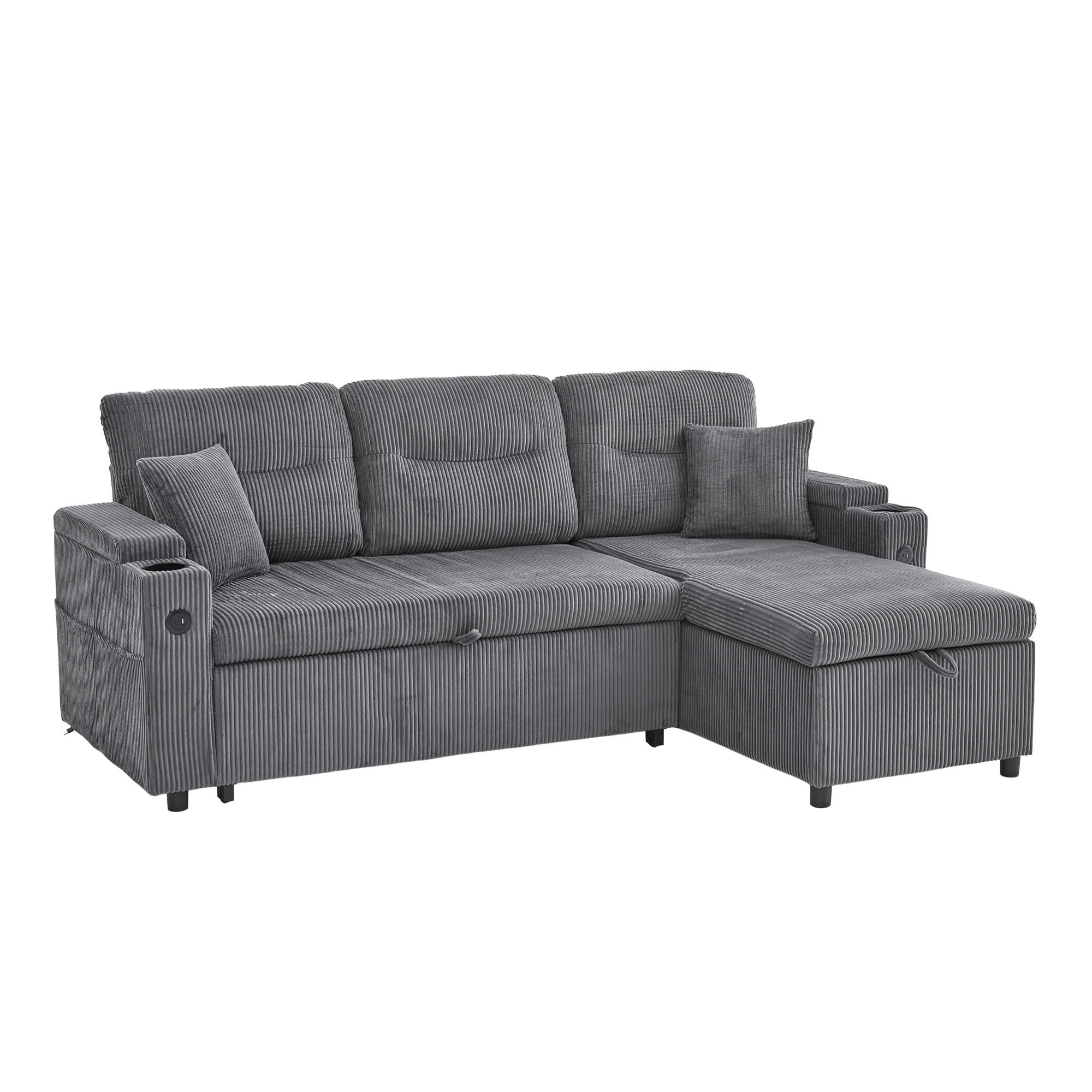 ECKSCHLAFSOFA 3-Sitzer Cord mit Stauraum Schubladenbett und USB-Anschluss Kohlegrau 212,5/136/86 cm - Grau, Textil (136/212.5cm) - Redom