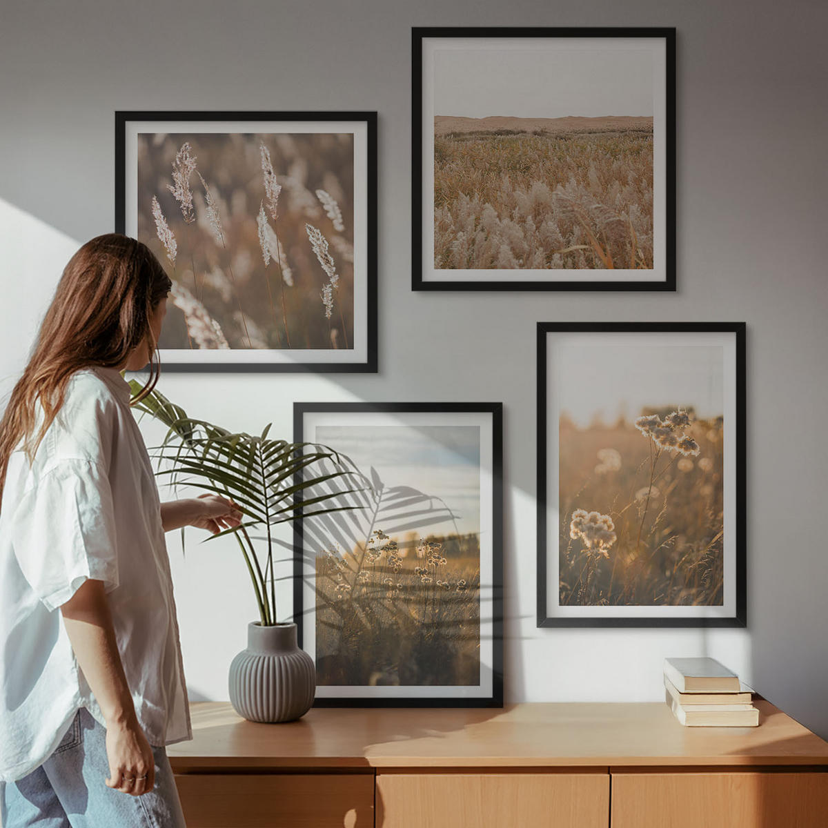 BILDER SET 4er Set - 50x50 cm & 40x60 cm Schwarzer Rahmen - Sommerwiesenblumen Sonnenuntergang - Schwarz, Kunststoff (50/50cm) - TULUP