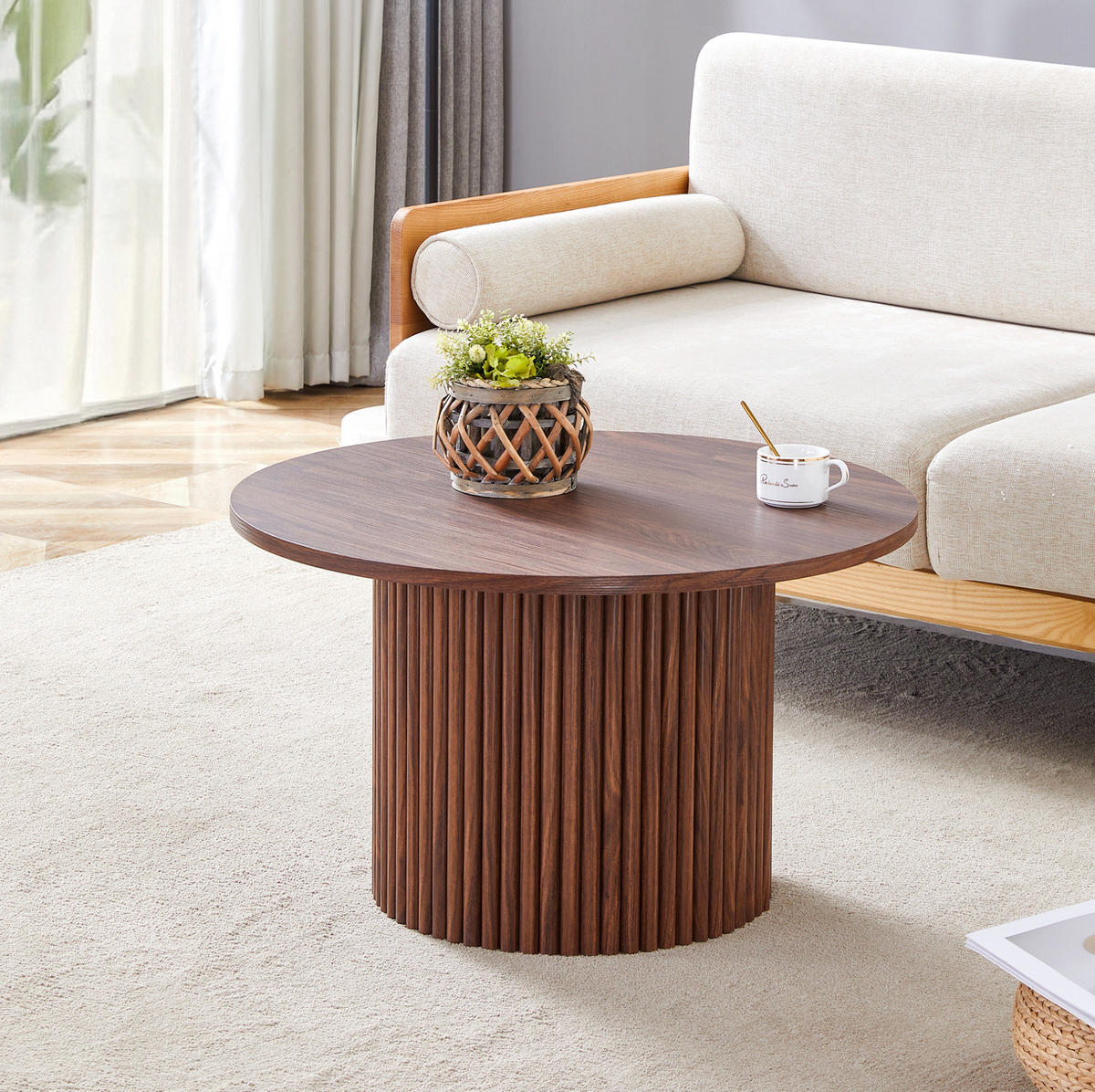 KLUBSKA miza 70 cm, MDF v dekorju oreha, okrogla s kovinskim okvirjem - barva oreha, leseni material (70/70/42cm) - BEAOK