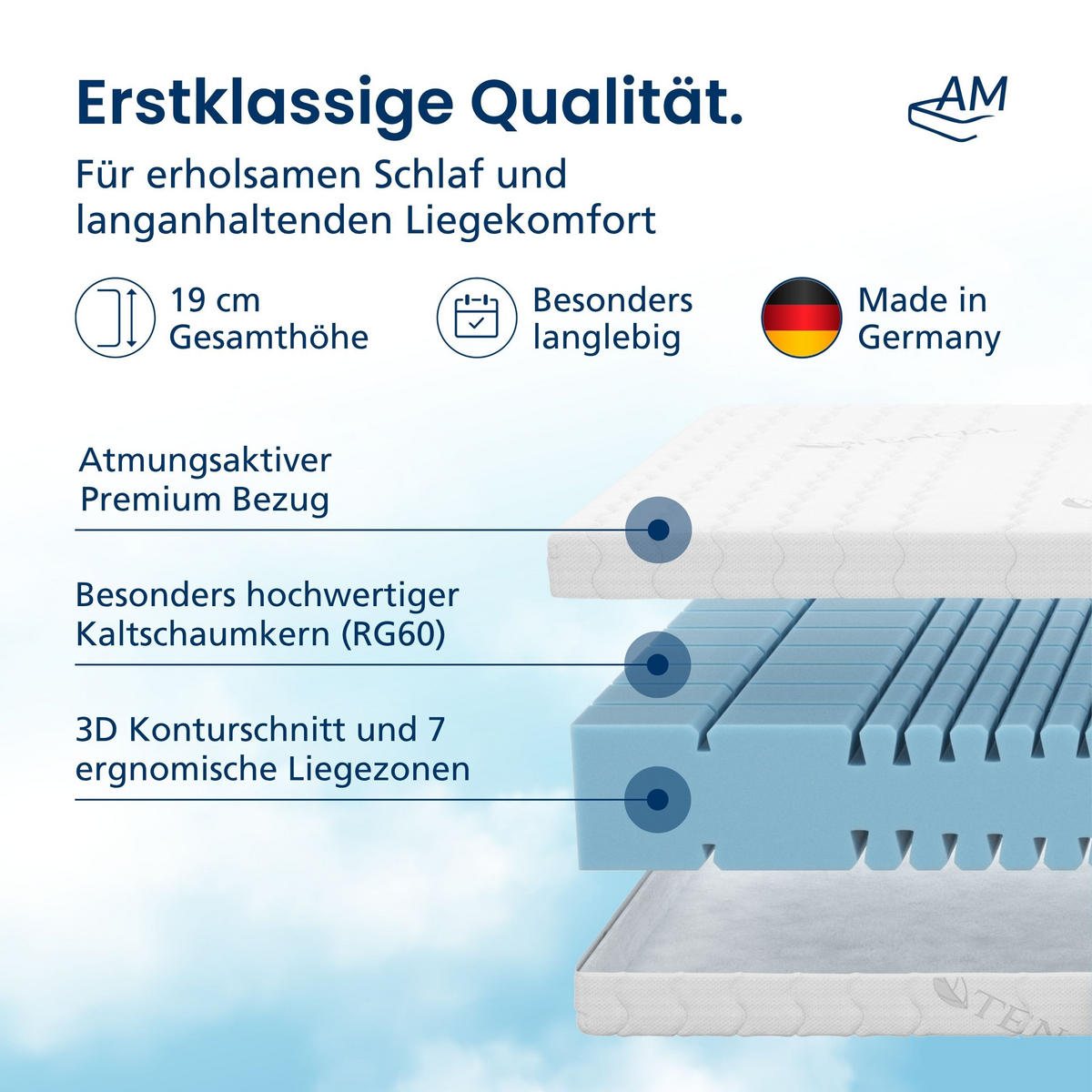 KALTSCHAUMMATRATZE 180/200 cm H2 - 19cm Höhe & Tencel Bezug - Weiß, Textil (180/200cm) - AM Qualitätsmatratzen