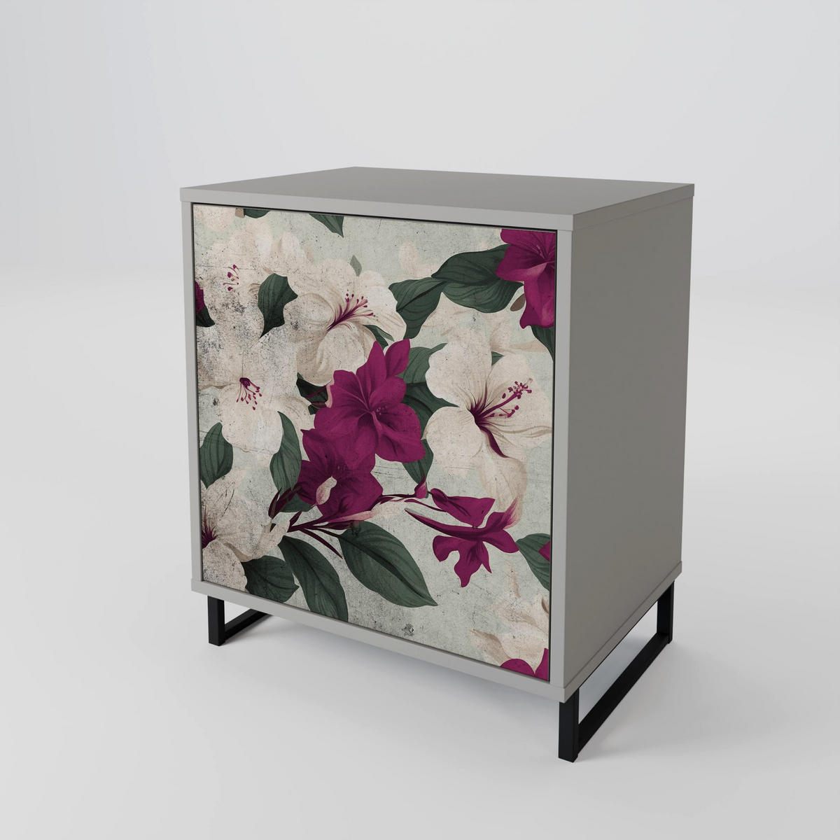 SIDEBOARD FLOWERET DREAM, Grau, 57,5x42x75,5 cm, Goldfarbene Metallfüße - Goldfarben/Multicolor, Holzwerkstoff/Metall (57.5/75.5/42cm) - SpaceRebels