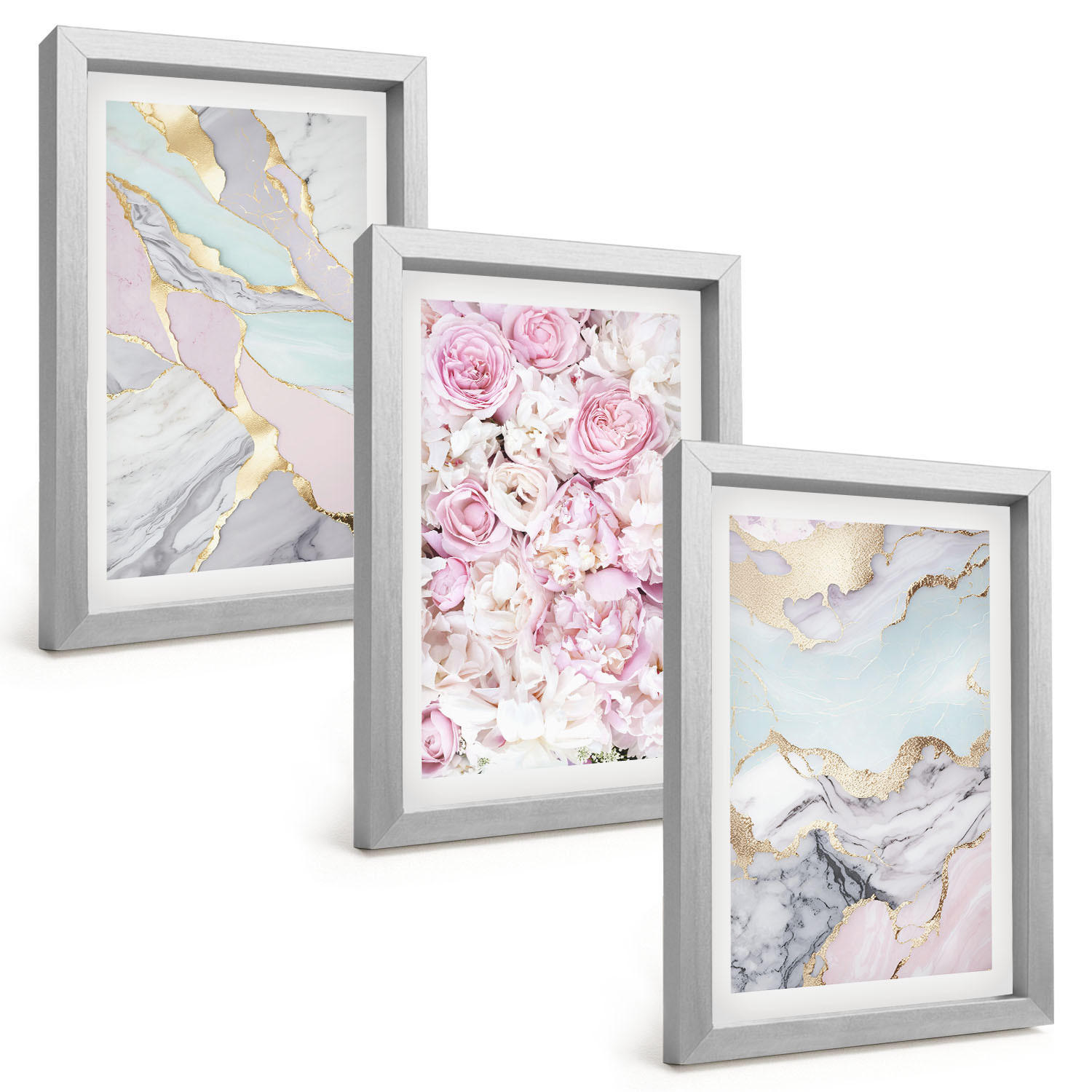 BILDER SET 3er Set - 20x30 cm Silberner Rahmen - Rosa Blumen Marmor Pastell - Silberfarben, Kunststoff (20/30cm) - TULUP