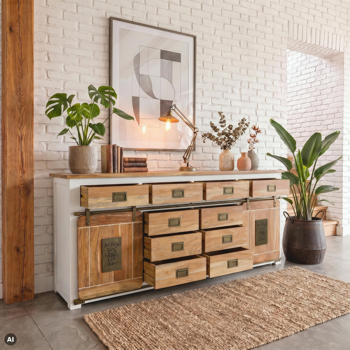 SIDEBOARD Mango 200x45x90 weiß lackiert RAILWAY #522 - Weiß, Holz (200/90/45cm) - Massivmoebel24