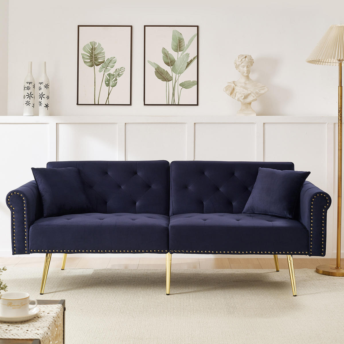 SCHLAFSOFA 2-Sitzer mit verstellbarer Rückenlehne Samt Antique Blue 200/100/85 cm - Blau, Kunststoff (173/70/75cm) - OKWISH