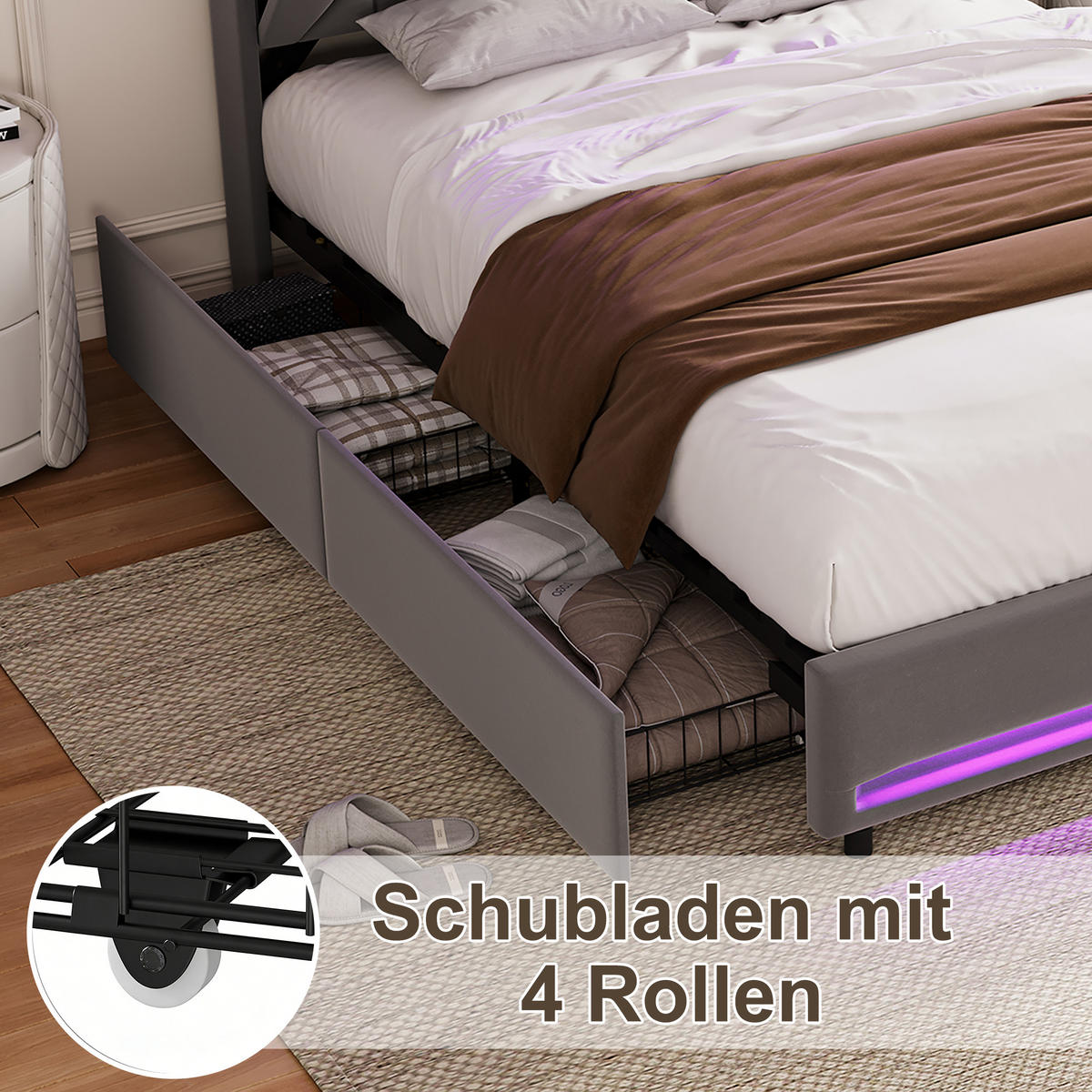 POLSTERBETT 140x200 cm Grau mit LED, USB-C, 4 Schubladen - Grau, Holz (140/200cm)