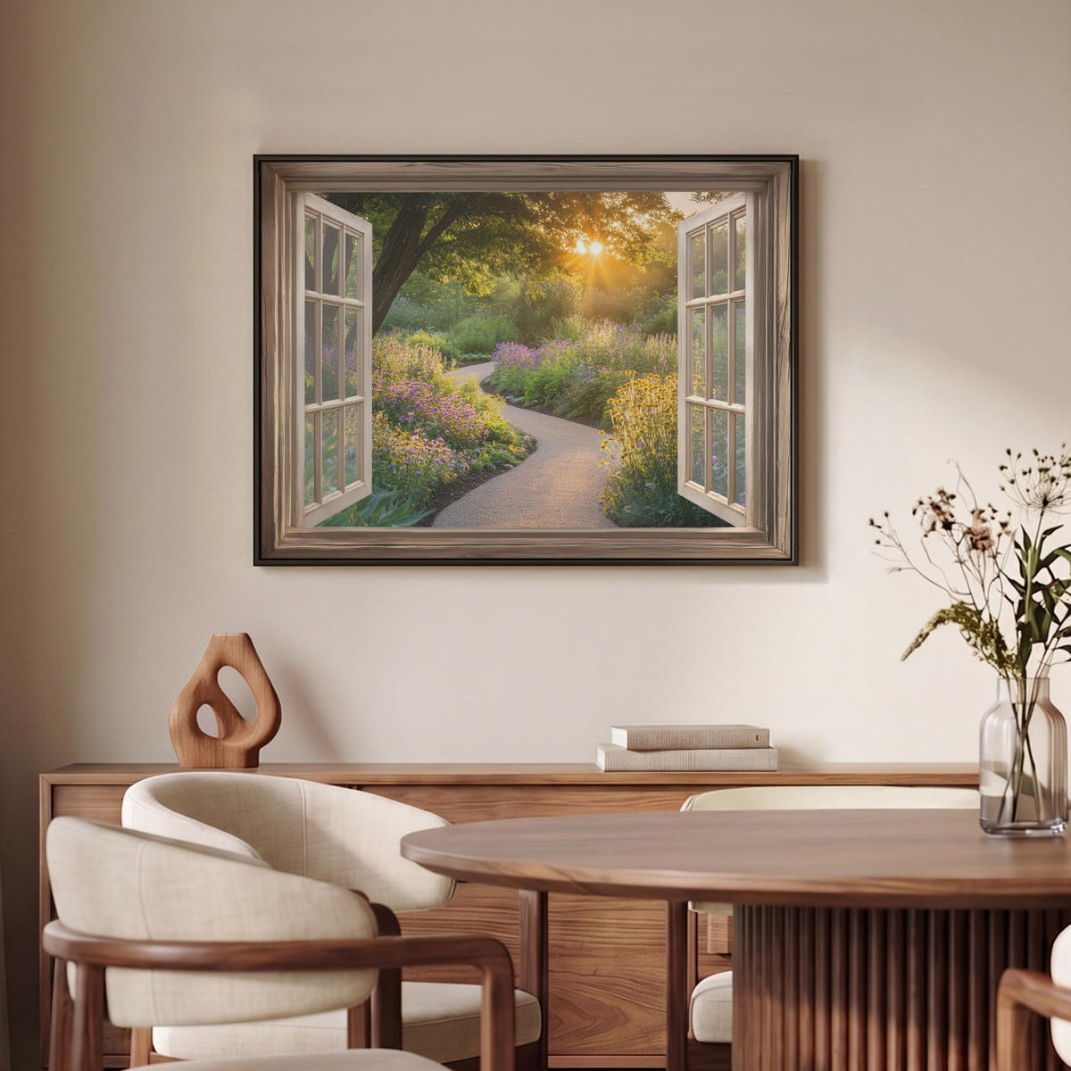 LEINWAND Bilder mit Rahmen - Aussicht - Blumen - Natur - Sonne - Weg - 70x50 - Hellgelb, Textil (70/50cm) - MuchoWow