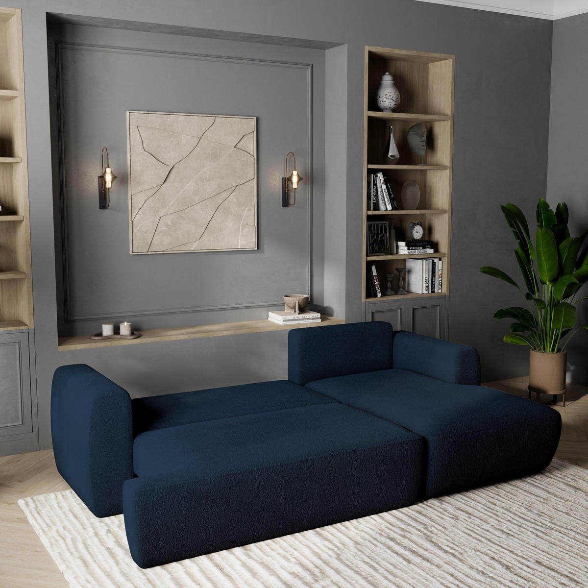 ECKSOFA SENTI N R-S Blau Boucle-Stoff mit Schlaffunktion - Blau, Holz (246/148cm) - MASSENO