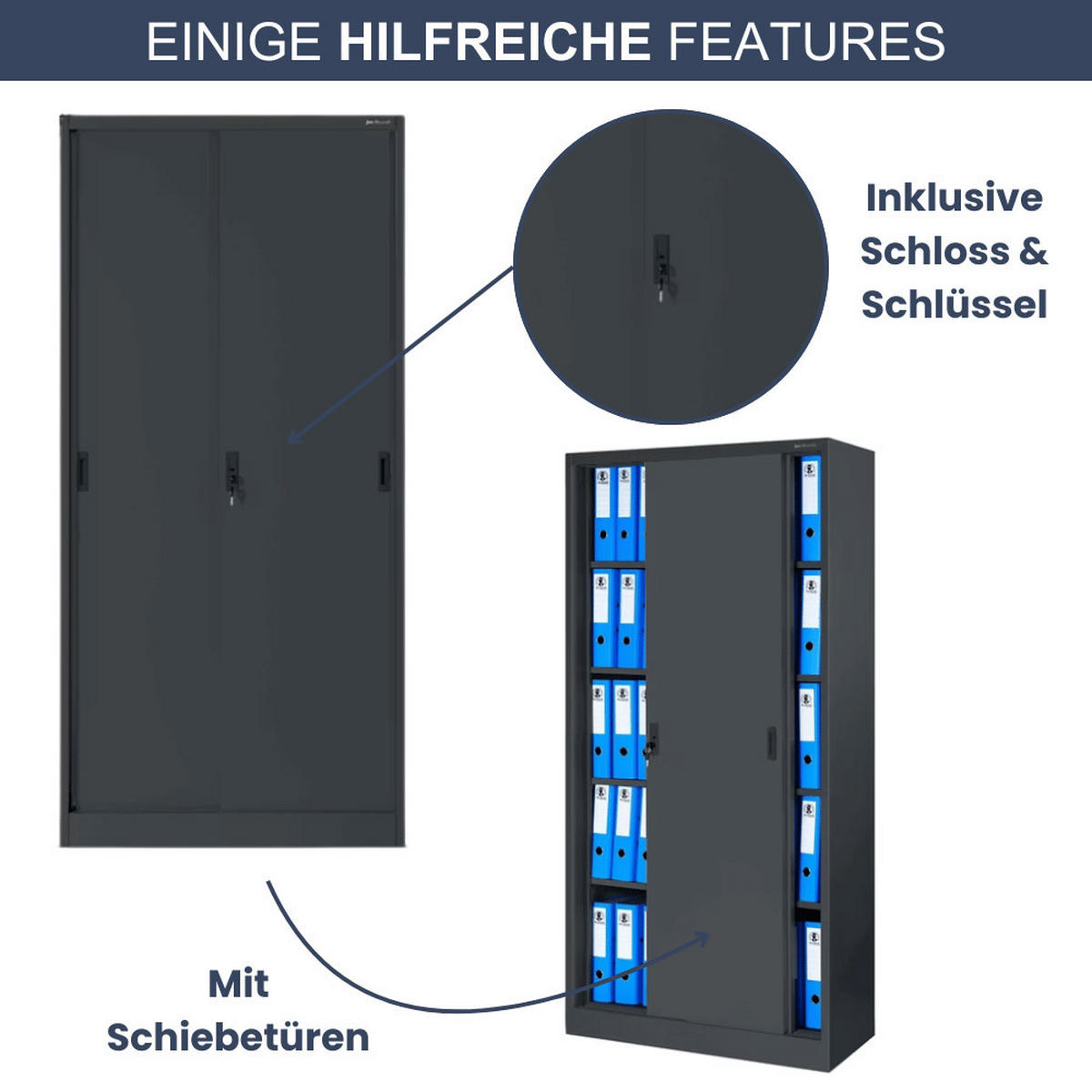 AKTENSCHRANK abschließbar ROLF mit Schiebetüren 185x90x40cm Anthrazit - Anthrazit, Metall (90/185/40cm) - DELUKE