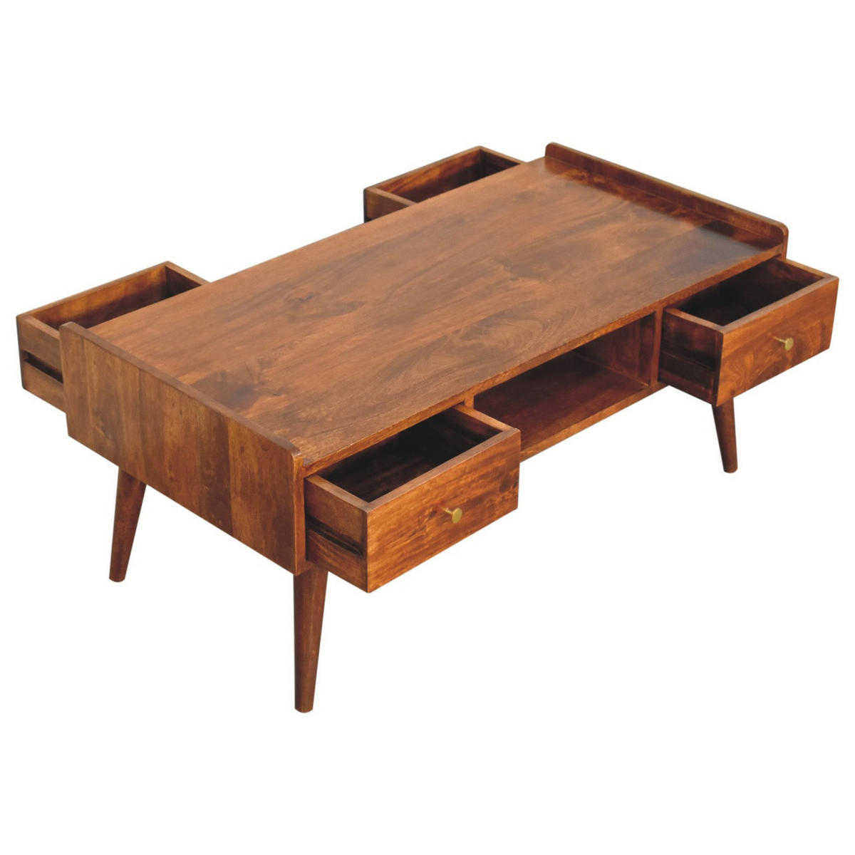 TV-EINHEIT Massivholz Kastanienbraun, 2 Schubladen und Offenes Fach - Dunkelbraun/Messingfarben, Mangoholz/Holz (100/43/50cm) - Artisan Furniture
