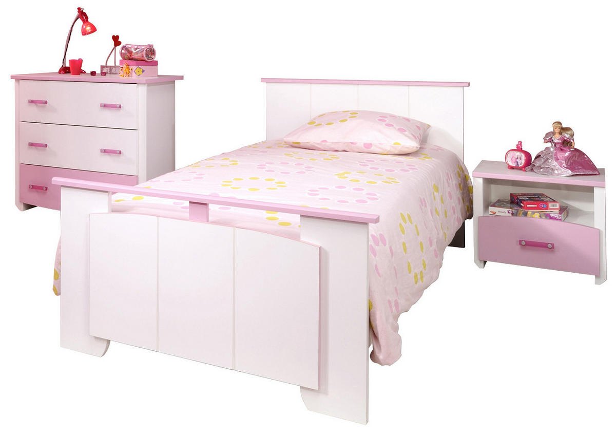 KINDERZIMMER Set 3-tlg Kommode Nachttisch und Bett 90 x 200 cm - Rosa/Weiß, Holz/Holzwerkstoff (90/79/200cm) - Parisot Meuble