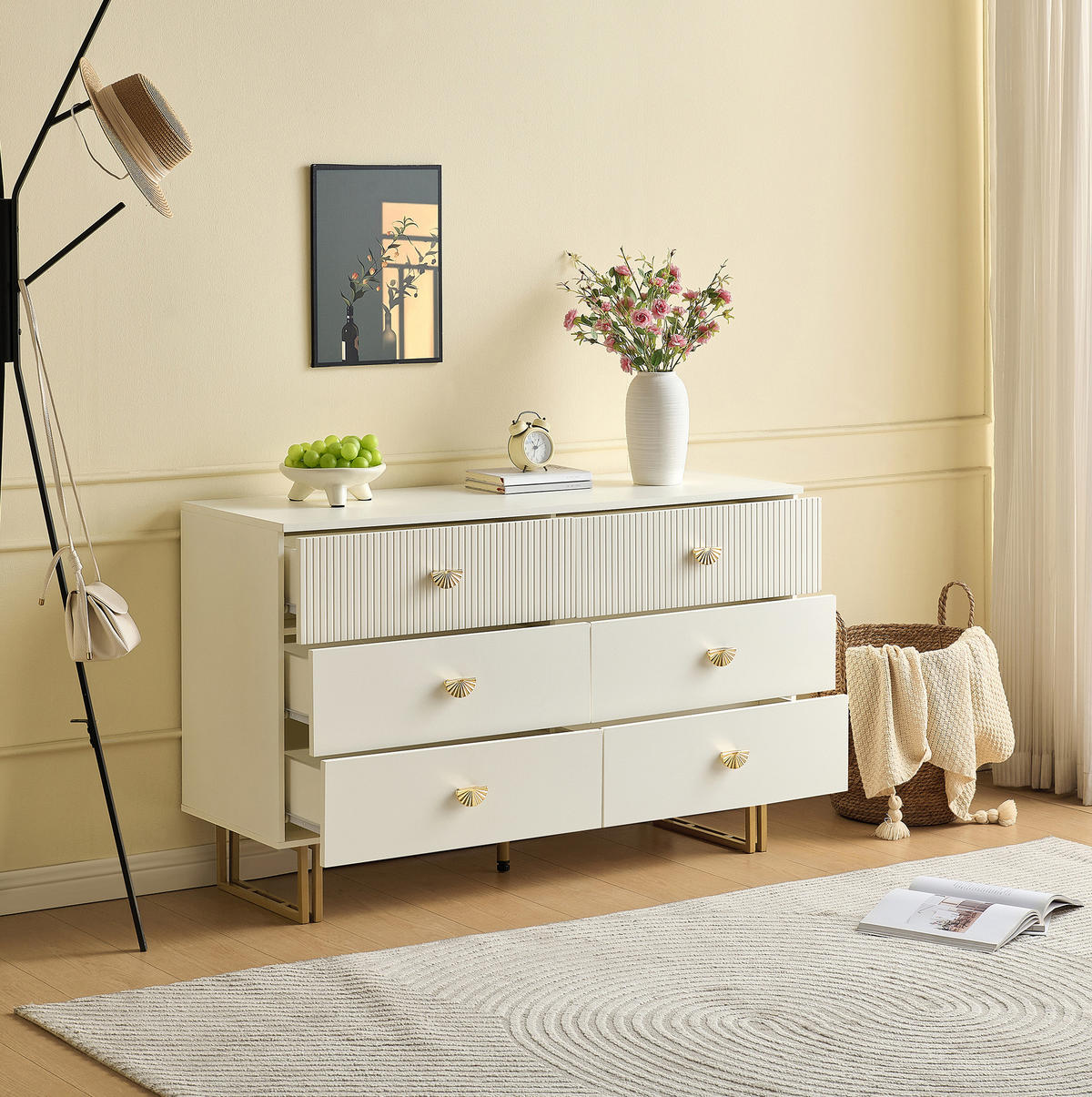 SIDEBOARD mit 6 Schubladen, weißes MDF und goldfarbene Zinkgriffe, 120/40/75 cm,weiß - Weiß, Holzwerkstoff (120/75/40cm) - Redom