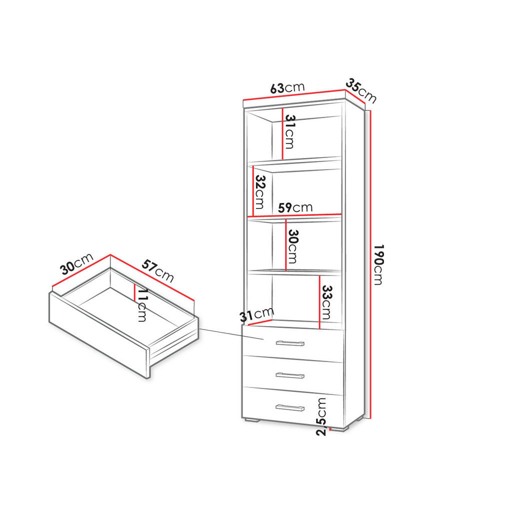 Thumbnail - Mirjan24 Bücherregal, Weiß, Kunststoff, 3 Schubladen, 63x190x35 cm, Wohnzimmer, Regale, Bücherregale