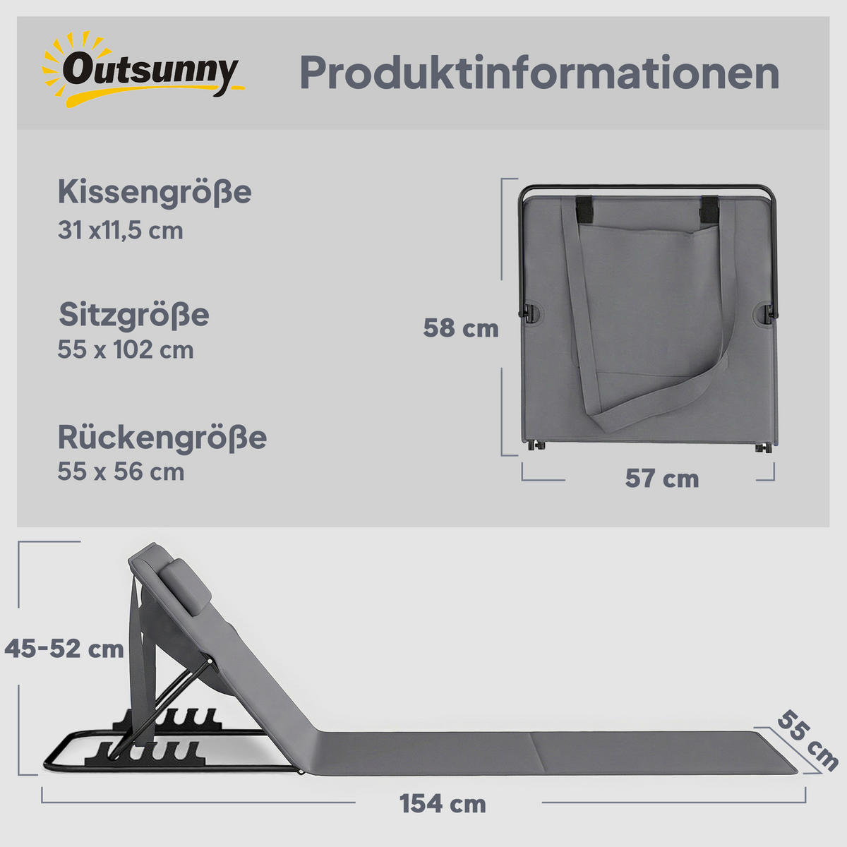 STRANDLIEGE 2er Set Stahl Oxfordstoff Dunkelgrau - Dunkelgrau/Schwarz, Textil/Metall (57/52/154cm) - Outsunny