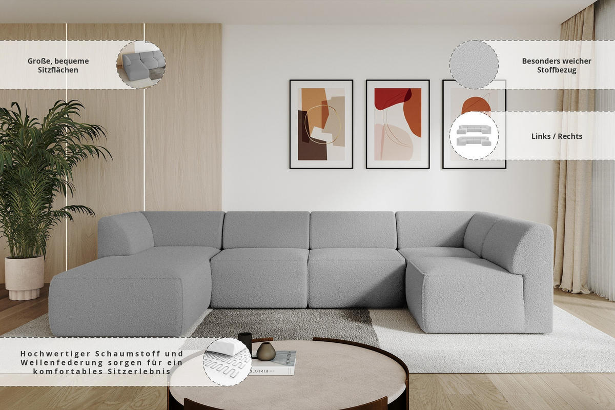 WOHNLANDSCHAFT Ottomane Links MOVA 345x180x78 Hellgrau Bouclé - Silberfarben/Hellgrau, Holzwerkstoff/Kunststoff (180/78/345cm) - ALTDECOR