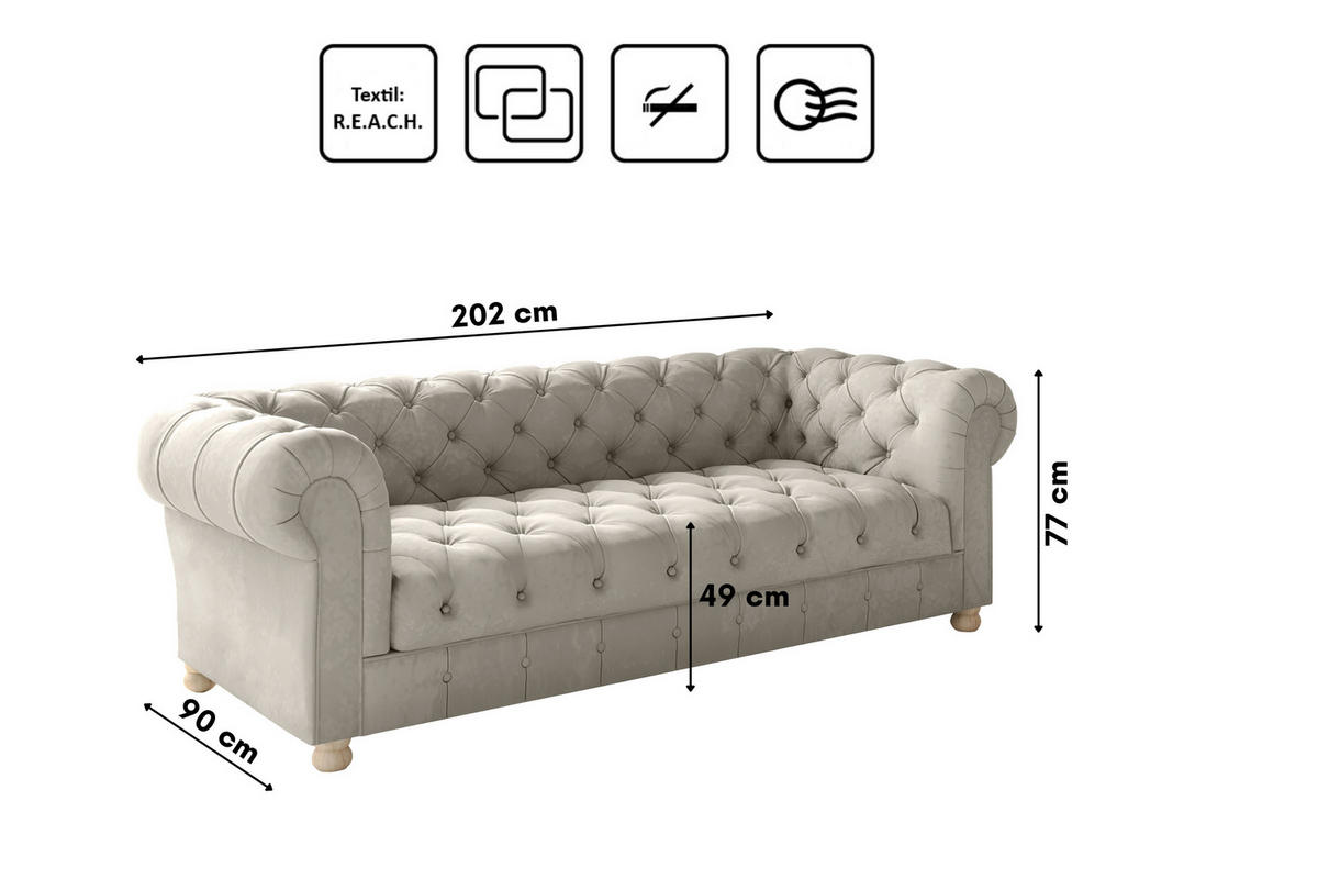 SOFA CHESTERFIELD Elegant Klassisch Schick Stoff Whisper Velours Creme - Creme, Holz/Textil (202/77/90cm) - Kaiser Möbel