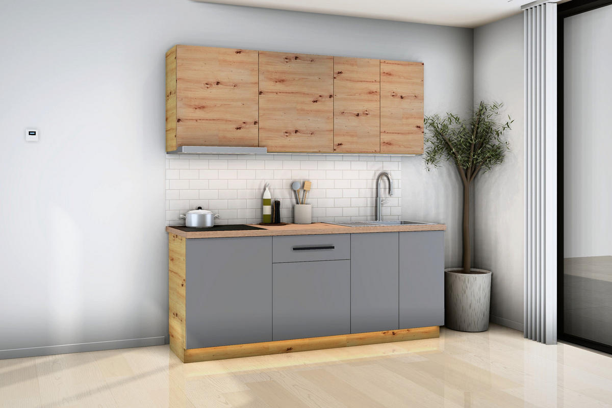KÜCHENZEILE Nexa Grau & Woodline – 200 cm – K21-G200 - Hellbraun/Eiche Artisan, Holzwerkstoff (200/210/47cm) - ROYAL24_MARKT