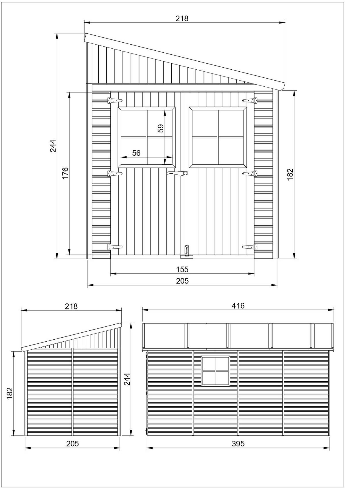 HOLZ-GARTHENHAUS (mit Seitenwand) MIT IMPRÄGNIERTEM BODEN - H244x216x416 cm/8 m2 -IMBELA M340A+M340G - Beige, Holz (218/250/395cm) - Timbela