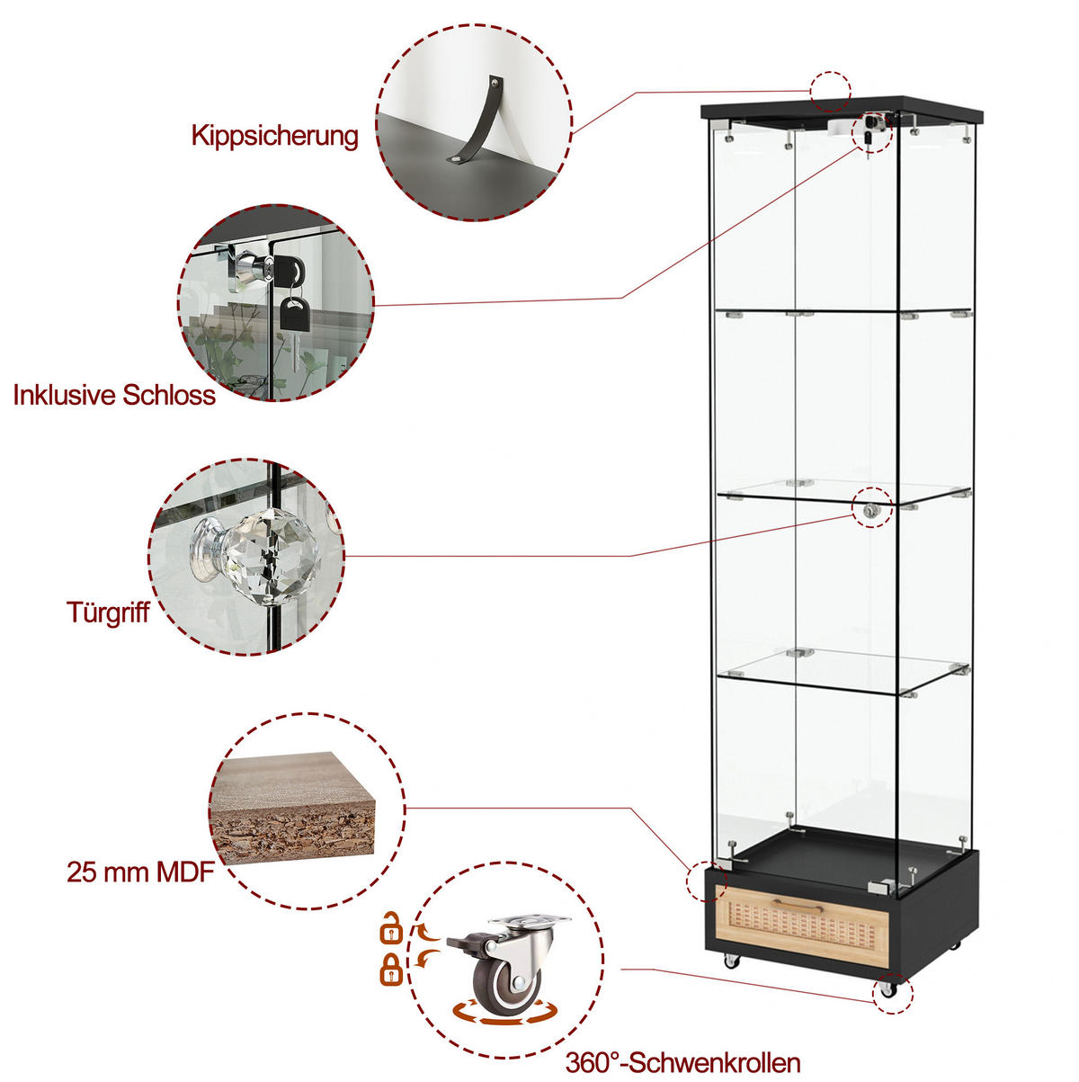 VITRINE 42.5/36.5/167 cm schwarz aus MDF und Glas mit LED-Beleuchtung - Schwarz, Holzwerkstoff (36.5/167/42.5cm) - OKMYHOME