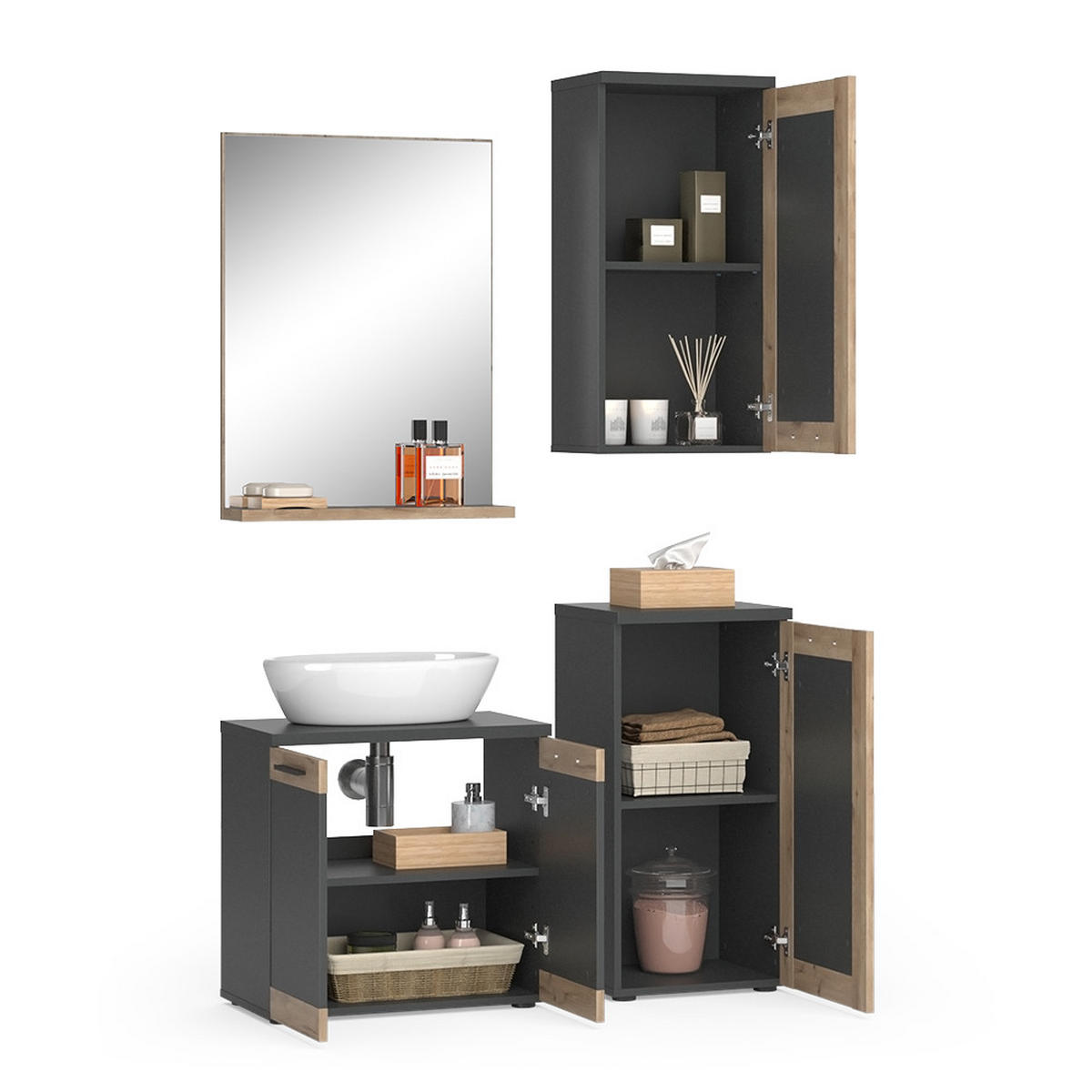 BADMÖBEL-SET Niko Anthrazit mit Midi, und Hängeschrank - Eichefarben/Anthrazit, Holzwerkstoff (60/59.1/34.3cm) - Vicco