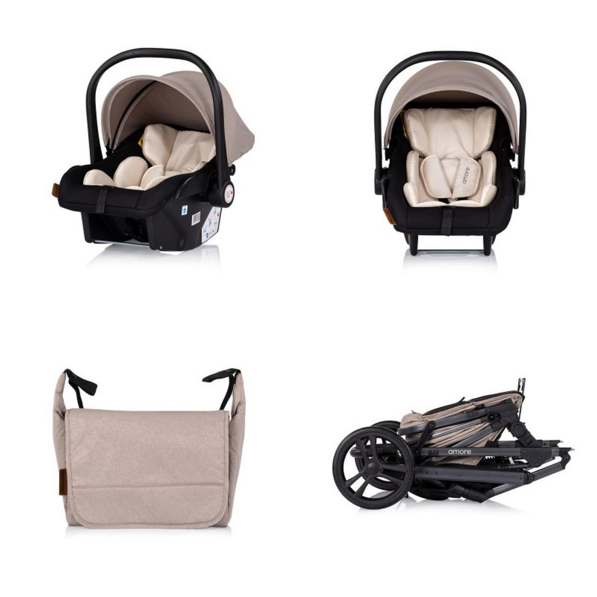 KOMBIKINDERWAGEN Amore 3 in 1 hellbraun Babyschale Adapter Wickeltasche Fußabdeckung - Beige, Metall (95/63/105cm) - Chipolino
