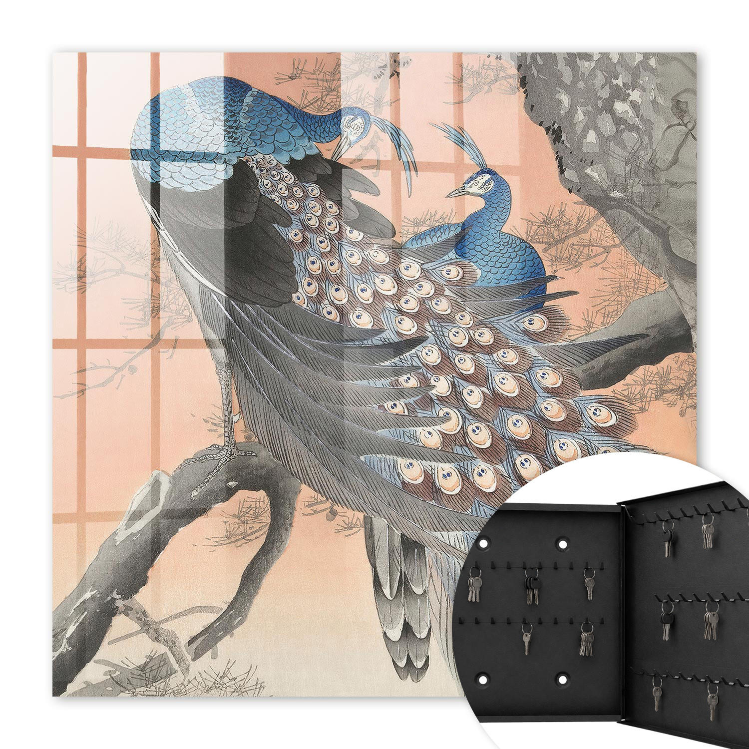 SCHLÜSSELBOX Schwarz 30x30 cm- Türöffnung nach rechts - Pfauenschönheit - Blau, Metall (30/30/5cm) - TULUP