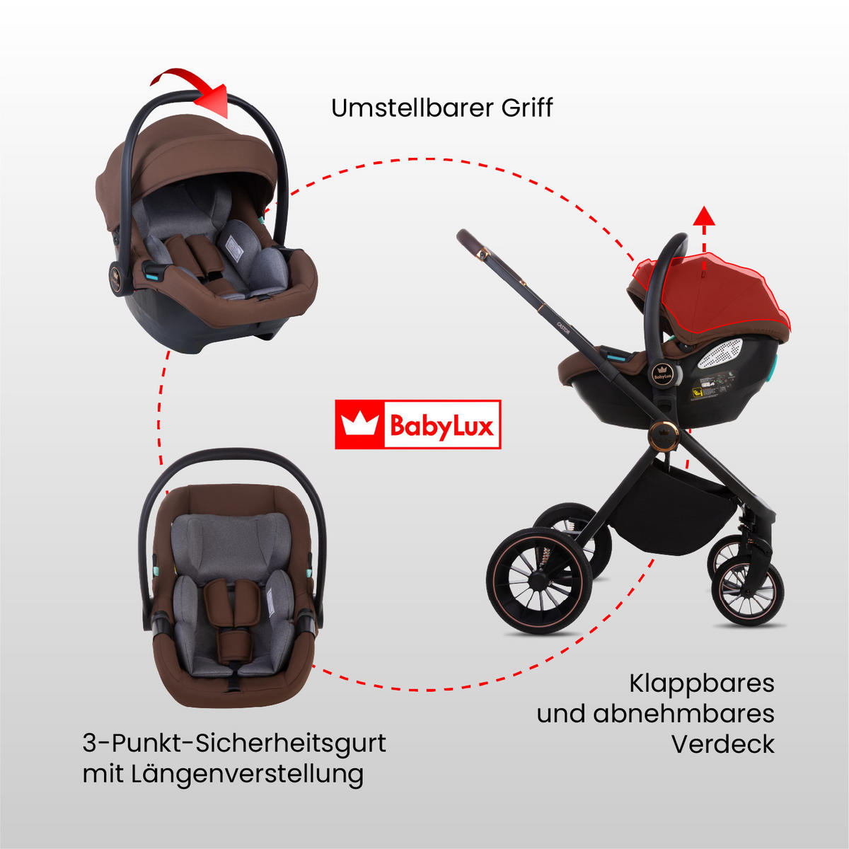 KINDERWAGEN Castor 4in1 Brownie Babywanne, Reisebuggy, Autositz, Isofix Basis - Schwarz/Braun, Textil/Metall (58/98cm) - BabyLux