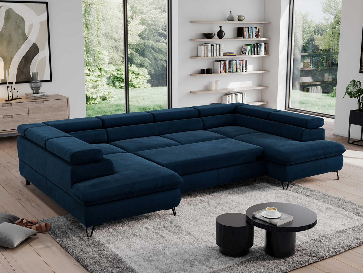 WOHNLANDSCHAFT PEDRO U Velvet Dunkelblau - Schwarz/Dunkelblau, Textil/Metall (346/76/208cm) - MKS