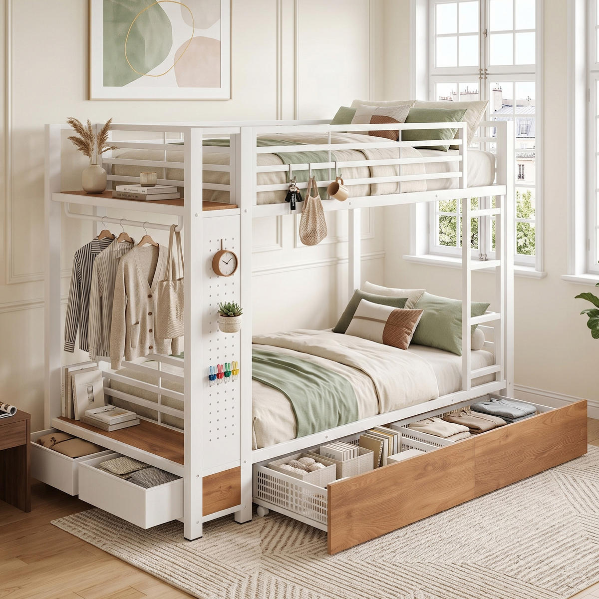 ETAGENBETT 90x200 Weiß Metall mit 4 Schubladen, LED & Kleiderstange - Weiß, Metall - Urban Meuble