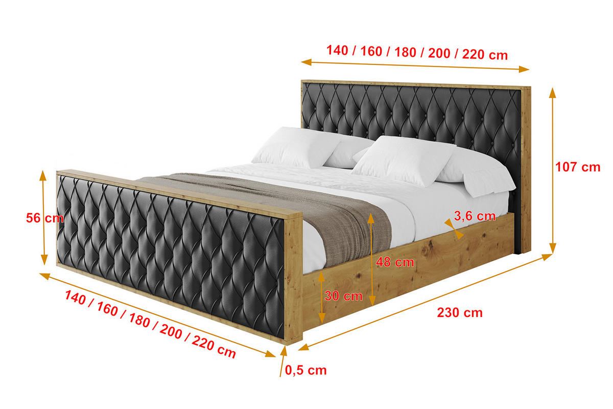 POLSTERBETT mit Bettkasten, Fußteil und Lattenrost, Boxbett ohne Matratze - ENZO5-Z 200x200 Schwarz Kunstleder - Schwarz Hochglanz, Holzwerkstoff/Textil (200/200cm) - ALTDECOR