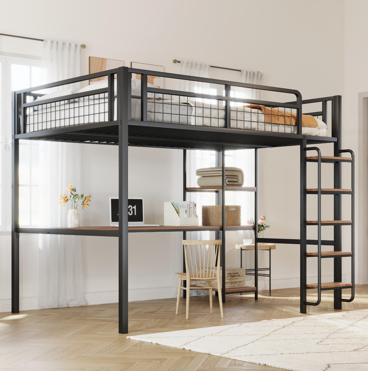 HOCHBETT 140/200 cm aus Metall und MDF mit Schreibtisch, Regal und Sicherheitsleiter Schwarz - Schwarz, Metall (140/200cm) - Modenvie