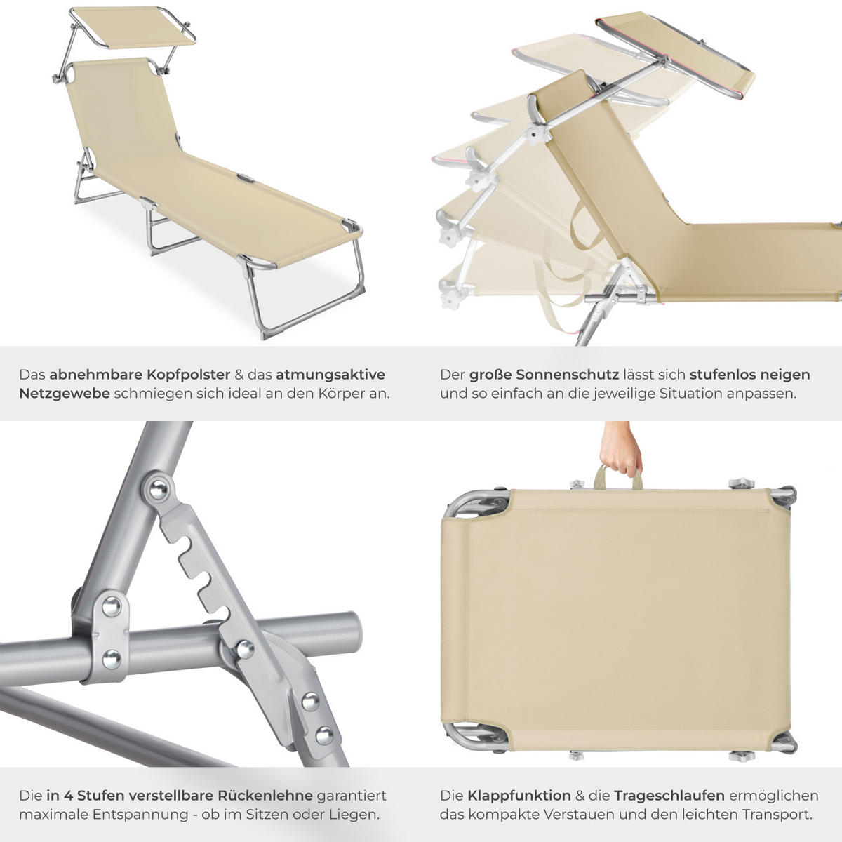 GARTENLIEGE 2er Set Chloé,190 x 68 x 65 cm,beige - Beige, Kunststoff (68/65/190cm) - tectake