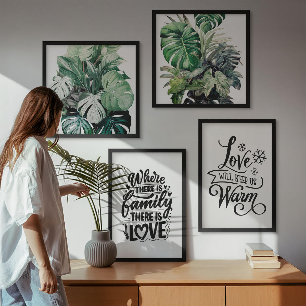 BILDER SET 4er Set - 50x50 cm & 40x60 cm Schwarzer Rahmen - Familie liebt Zuhause Aquarell - Schwarz, Kunststoff (50/50cm) - TULUP