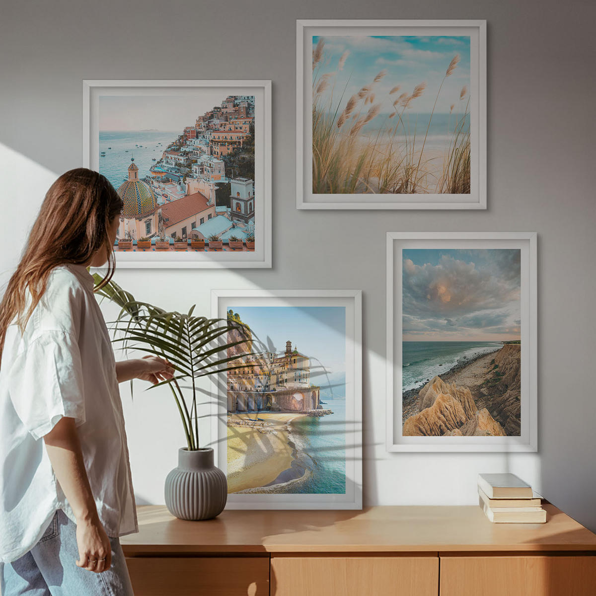 BILDER SET 4er Set - 50x50 cm & 40x60 cm Weißer Rahmen - Landschaften Strand Stadt Klippen - Weiß, Kunststoff (50/50cm) - TULUP