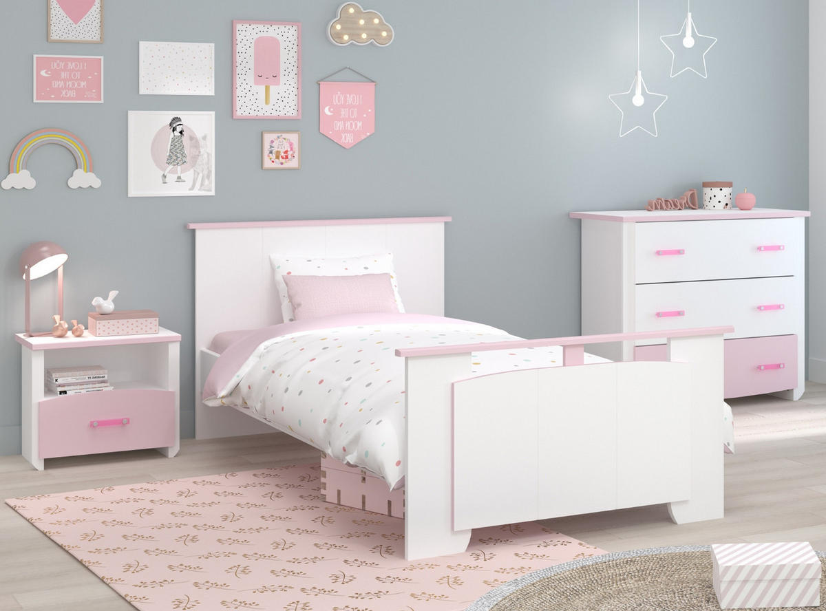 KINDERZIMMER Set 3-tlg Kommode Nachttisch und Bett 90 x 200 cm - Rosa/Weiß, Holz/Holzwerkstoff (90/79/200cm) - Parisot Meuble