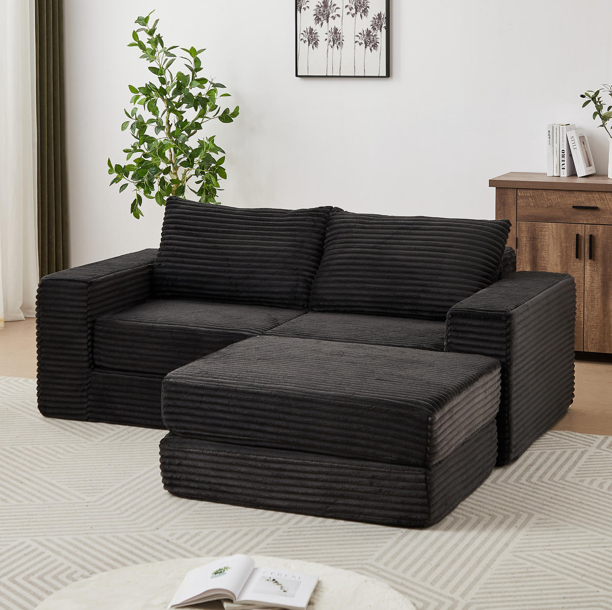 SOFA-BETT modular Cord Black mit beweglicher Fußstütze - Schwarz, Kunststoff (169.5/194cm) - Meubliv