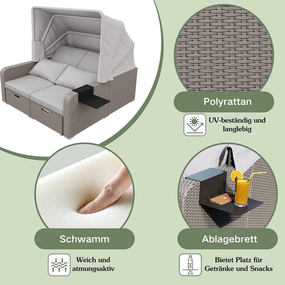 LOUNGESOFA Abnehmbare Markise in Khaki - Cappuccino, Textil (126/152/130cm) - KOMHTOM