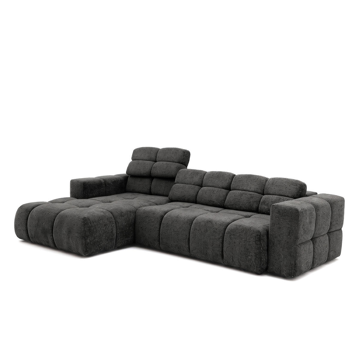 ECKSOFA TENDER Links mit Schlaffunktion und Verstellbare Kopfstützen, Chenille dunkelgrau - Dunkelgrau/Schwarz, Holz/Kunststoff (315/176cm) - Muffo