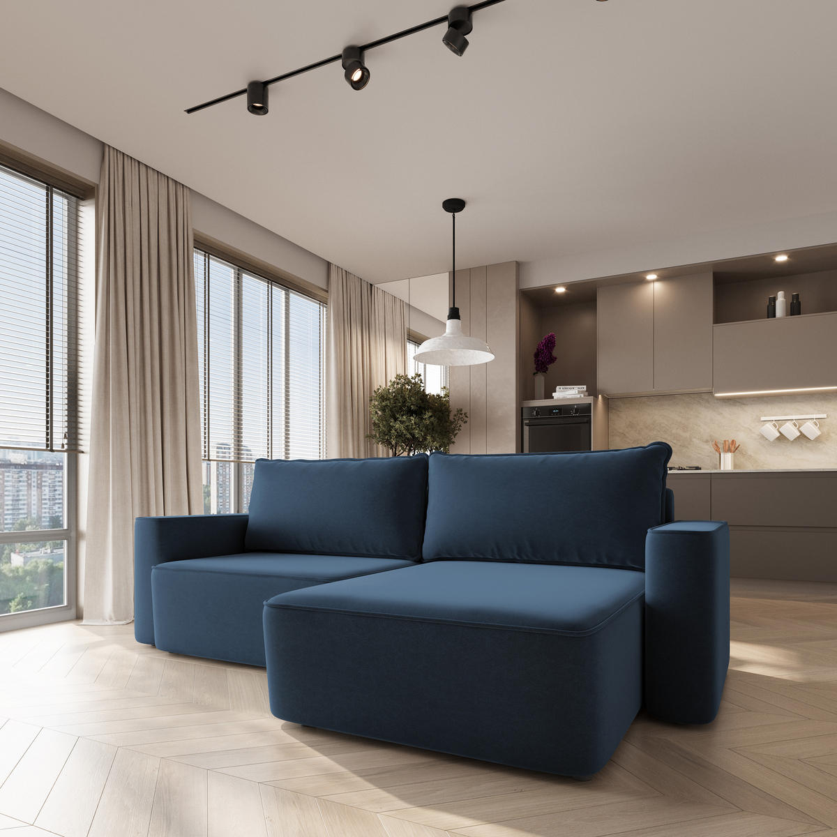 ECKSOFA BELISE CL Blau Veloursstoff mit Schlaffunktion - Blau, Holz/Textil (252/162cm) - MASSENO