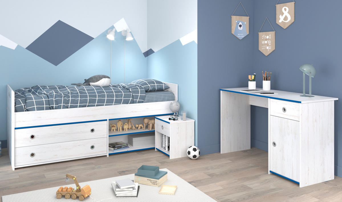 JUGENDZIMMER Set Stauraumbett 90 x 200 Schreibtisch Nachttisch - Silberfarben/Weiß, Holzwerkstoff/Kunststoff (98/80/207cm) - Parisot Meuble