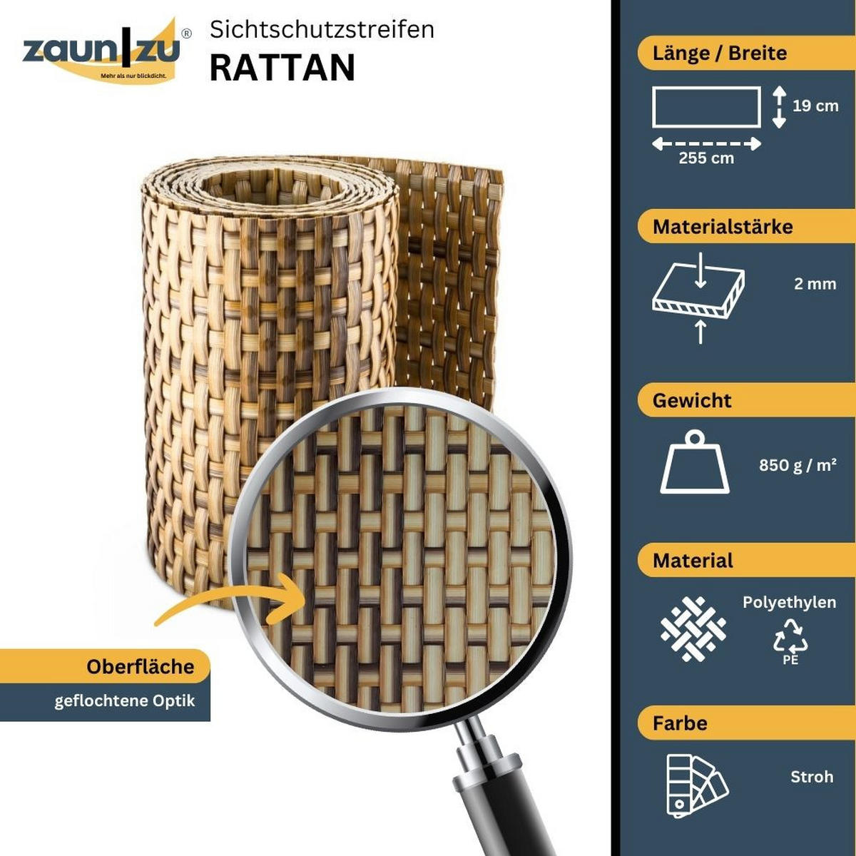 SICHTSCHUTZSTREIFEN Rattan Einzelstreifen für Doppelstabmatten Stroh 2,55m - Akaziefarben, Kunststoff (255/19cm) - ZAUN|ZU