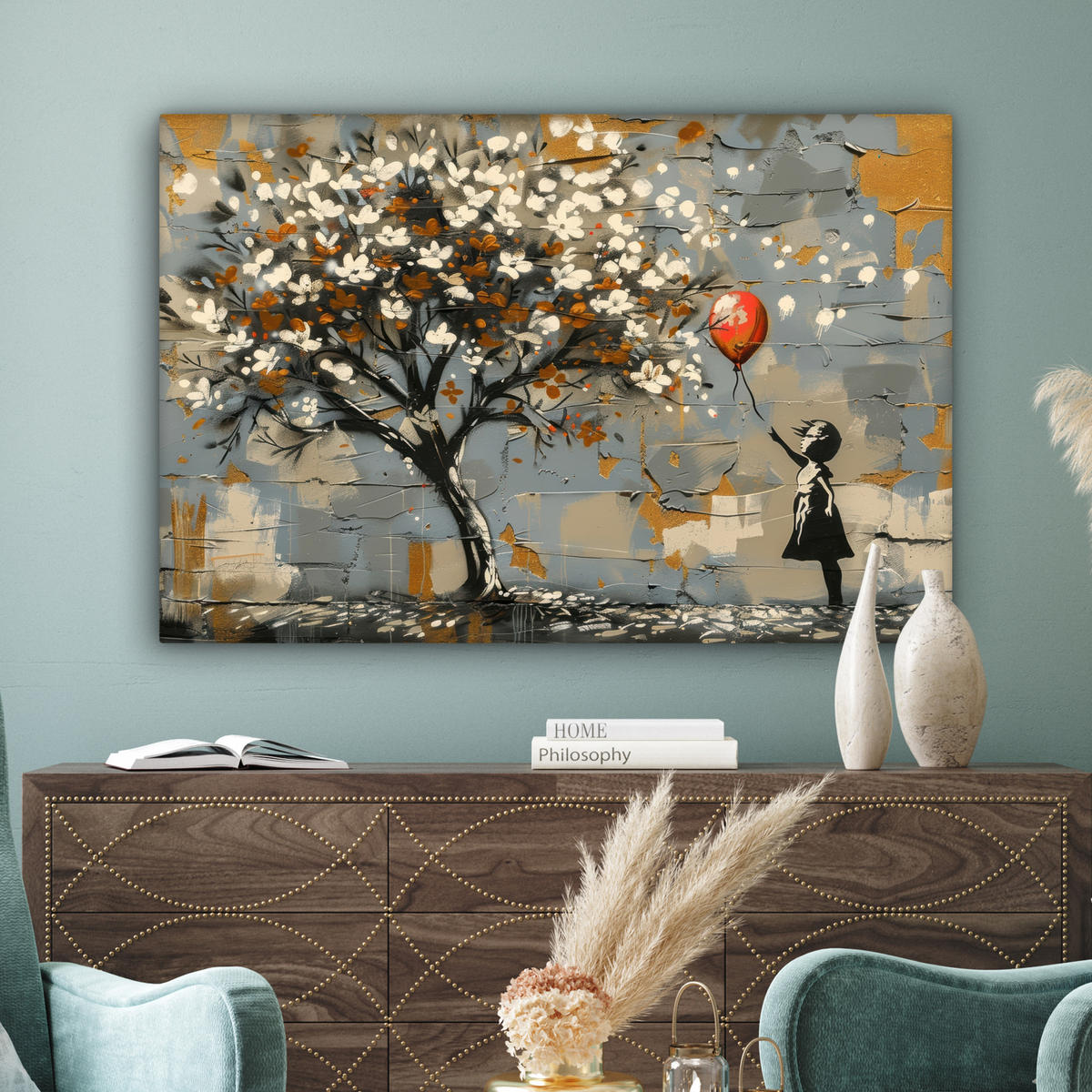 LEINWANDBILD Baum - Graffiti - Banksy-Stil - Ballon-Mädchen Wohnzimmer 120x80 cm - Blaugrau, Textil (120/80cm) - MuchoWow