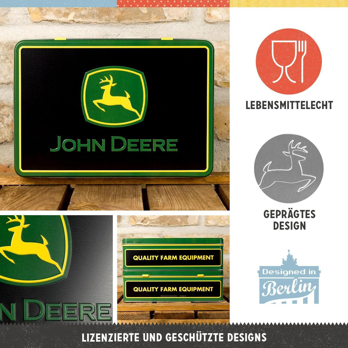 VORRATSDOSE flach John Deere Farm Equipment Logo Black - Multicolor, Metall (23/7/16cm) - Nostalgic-Art