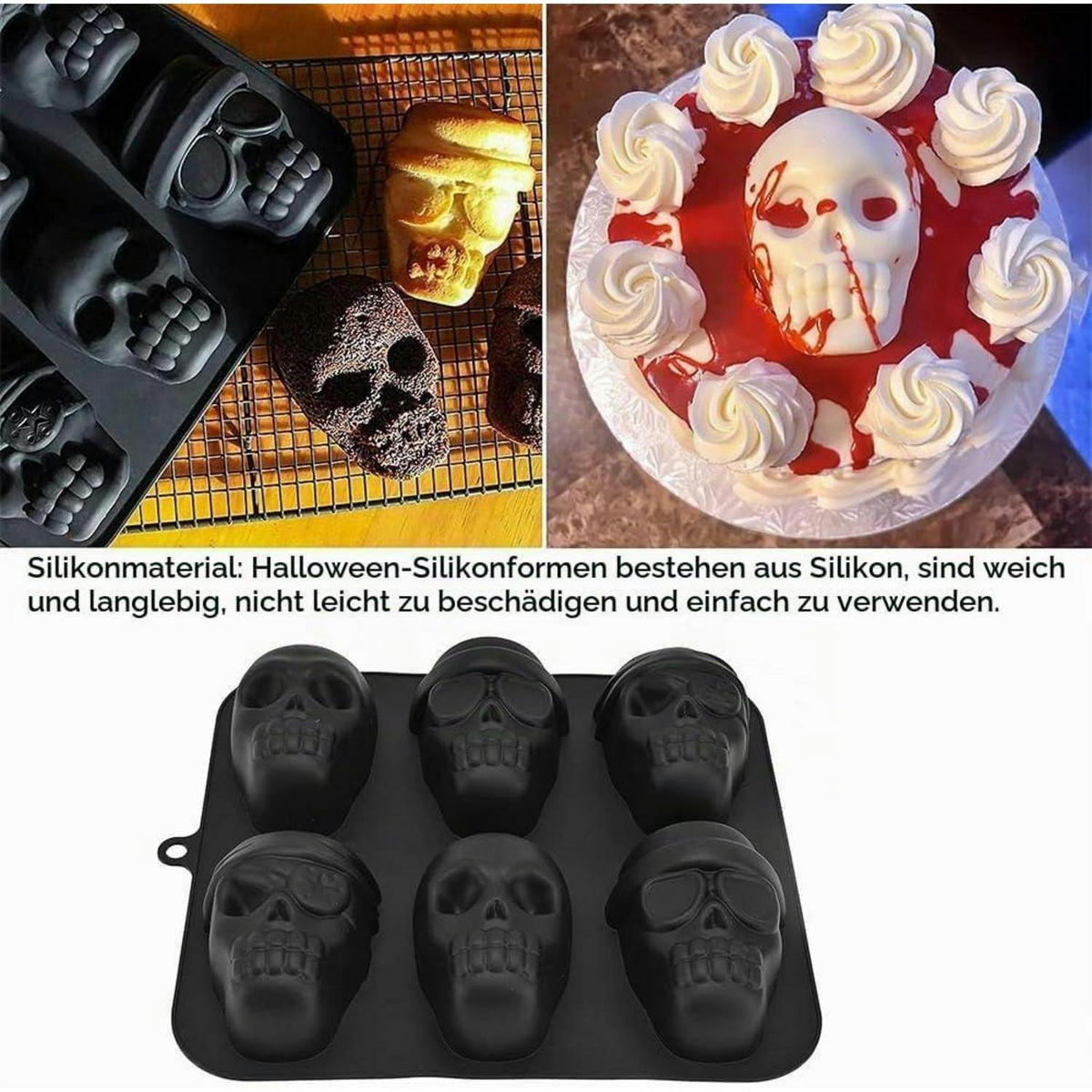 SILIKONFORM Piratenschädel 6-teilig für Halloween und Party - Schwarz, Kunststoff