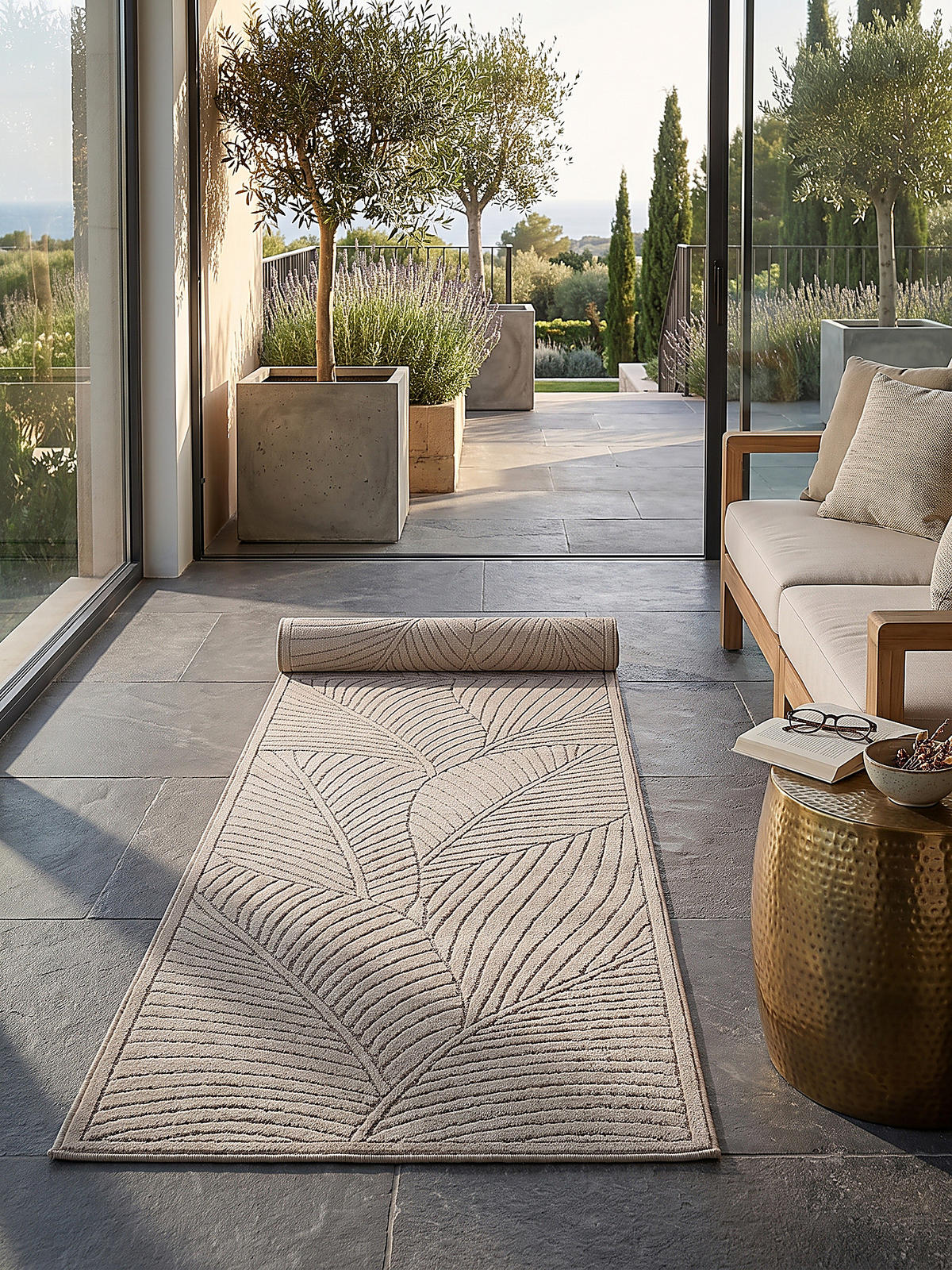 LÄUFER Outdoor, Fußbodenheizung-geeignet, mit Blattmotiv, ENGADIN in Beige, 80 x 250 cm - Beige, Textil (80/250cm) - KADIMA DESIGN