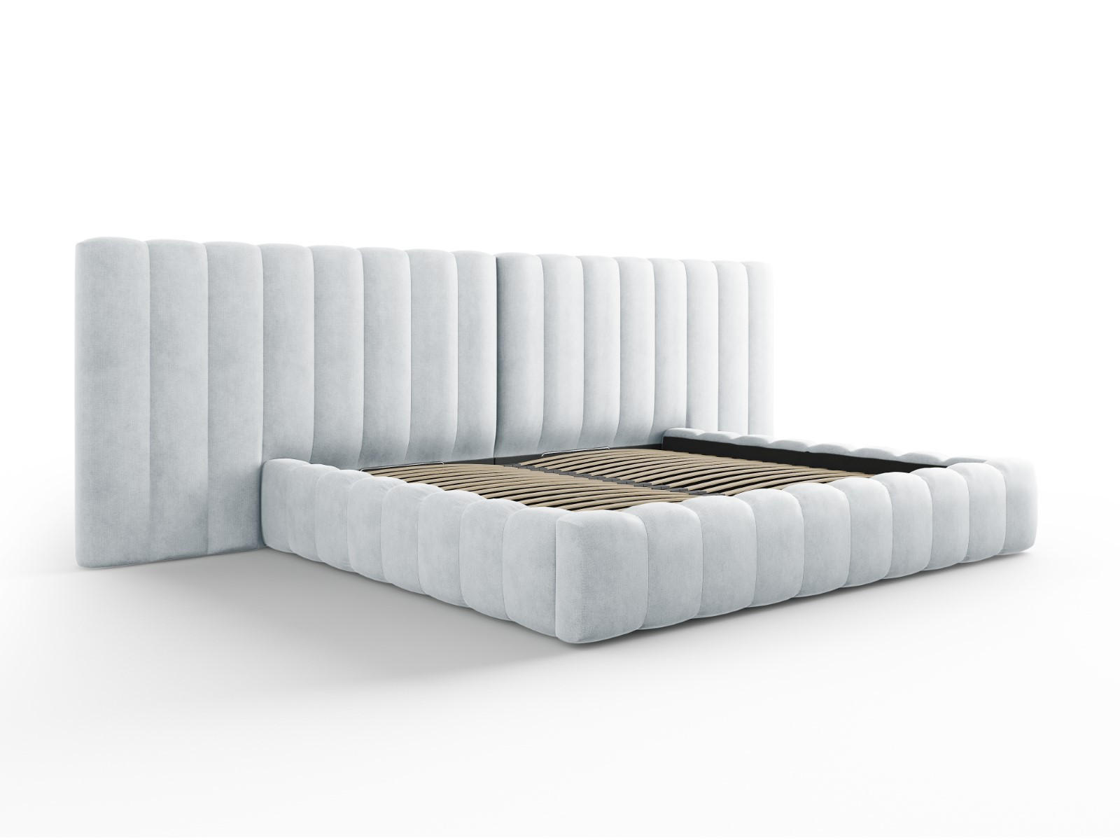 BETT mit Bettkasten und Doppelkopfteil Kelp aus strukturiertem Stoff hellgrau 200x200cm - Hellgrau, Textil (200/200cm) - Micadoni
