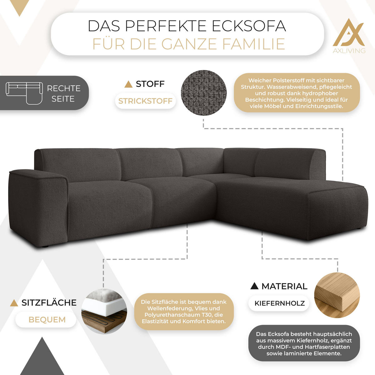 ECKSOFA L Form Didim Grau 292/220/78 cm – großes Sofa stilvoll & bequem R - Schwarz/Grau, Kunststoff/Textil (292/220cm) - AX Living